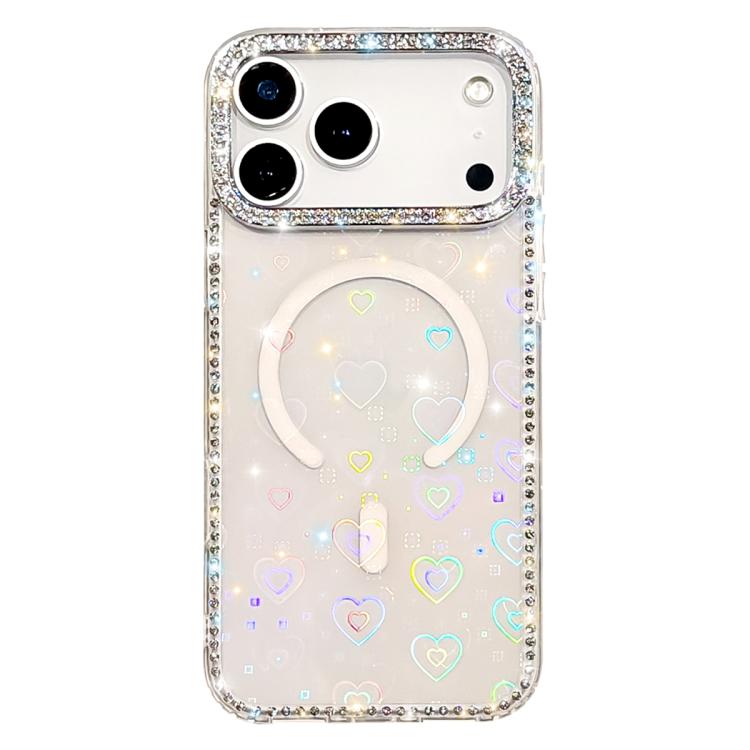 For iPhone 17 Pro Rhinestone Dual-side IMD PC Hybrid TPU Magnetic Phone Case(Heart Transparent)