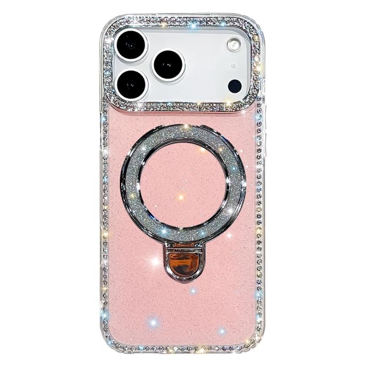 For iPhone 17 Pro Rhinestone Glitter Kickstand Dual-side IMD Phone Case(Glitter Light Pink)