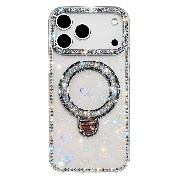 For iPhone 17 Pro Rhinestone Glitter Kickstand Dual-side IMD Phone Case(Heart Transparent)