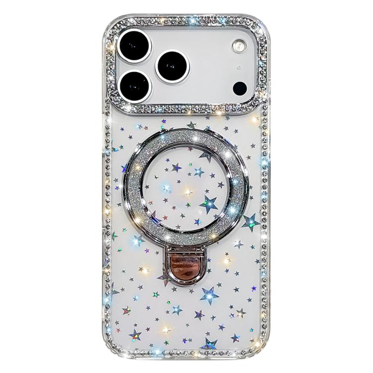 For iPhone 17 Pro Rhinestone Glitter Kickstand Dual-side IMD Phone Case(Stars Transparent)