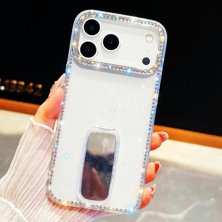 For iPhone 17 Pro Rhinestone Glitter TPU 4-corners Anti-fall Phone Case with Holder(Transparent)