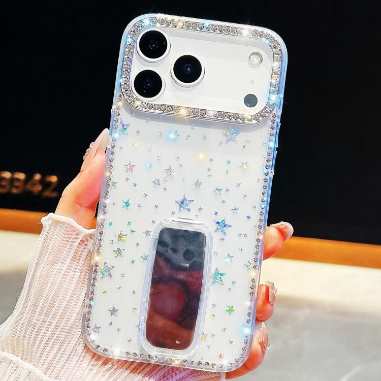 For iPhone 17 Pro Rhinestone Glitter TPU 4-corners Anti-fall Phone Case with Holder(Transparent Stars)