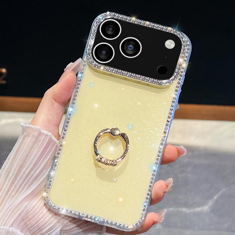 For iPhone 17 Pro Rhinestone Glitter TPU Ring Holder Anti-fall Phone Case(Light Yellow)