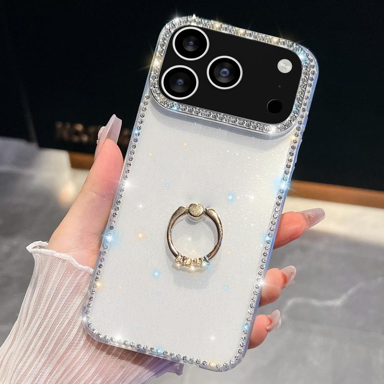 For iPhone 17 Pro Rhinestone Glitter TPU Ring Holder Anti-fall Phone Case(Transparent)