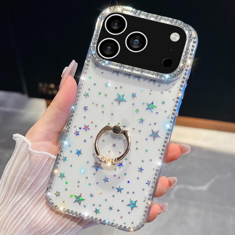 For iPhone 17 Pro Rhinestone Glitter TPU Ring Holder Anti-fall Phone Case(Transparent Stars)
