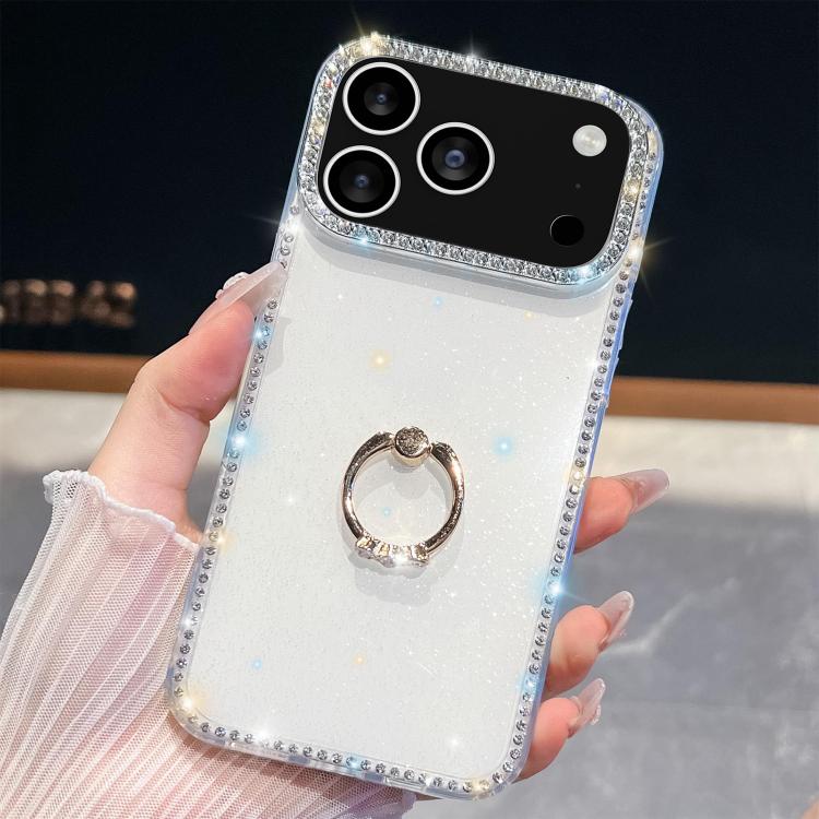 For iPhone 17 Pro Rhinestone Glitter TPU Ring Holder Anti-fall Phone Case(White)