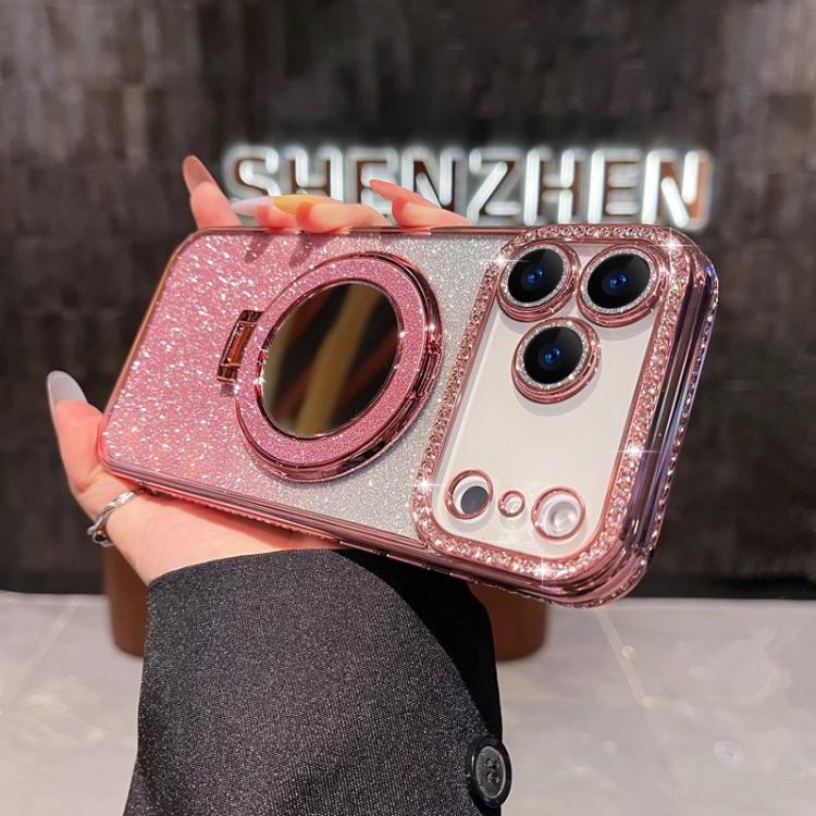 For iPhone 17 Pro Rhinestone Mirror Glitter MagSafe TPU Phone Case(Sakura Pink)