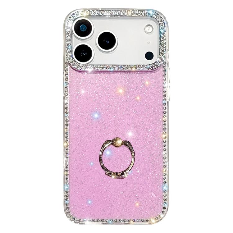 For iPhone 17 Pro Rhinestone Ring Holder Dual-side IMD PC Hybrid TPU Phone Case(Glitter Light Purple)