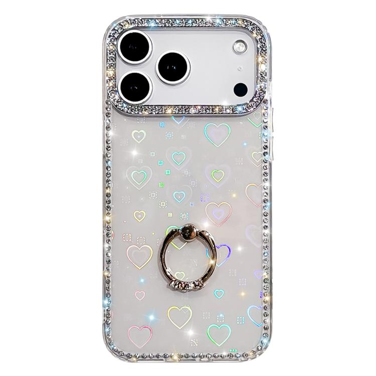 For iPhone 17 Pro Rhinestone Ring Holder Dual-side IMD PC Hybrid TPU Phone Case(Heart Transparent)