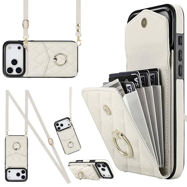 For iPhone 17 Pro Rhombic Texture Card Bag Phone Case with Long Lanyard(White)