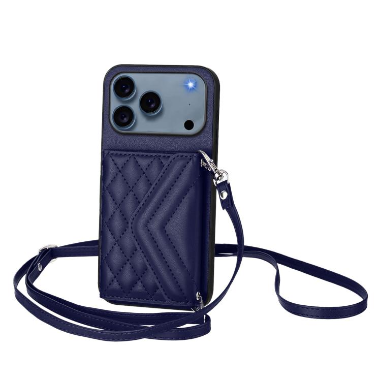 For iPhone 17 Pro Rhombic Texture Card Bag RFID Phone Case with Long Lanyard(Blue)