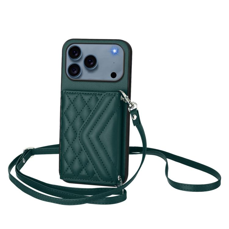 For iPhone 17 Pro Rhombic Texture Card Bag RFID Phone Case with Long Lanyard(Green)