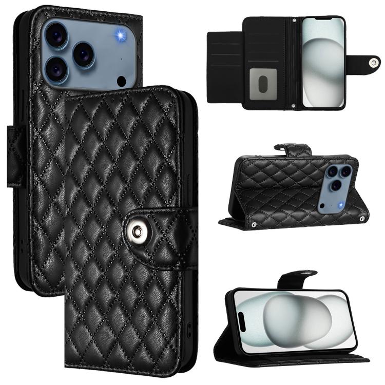 For iPhone 17 Pro Rhombic Texture Flip Leather Phone Case with Lanyard(Black)