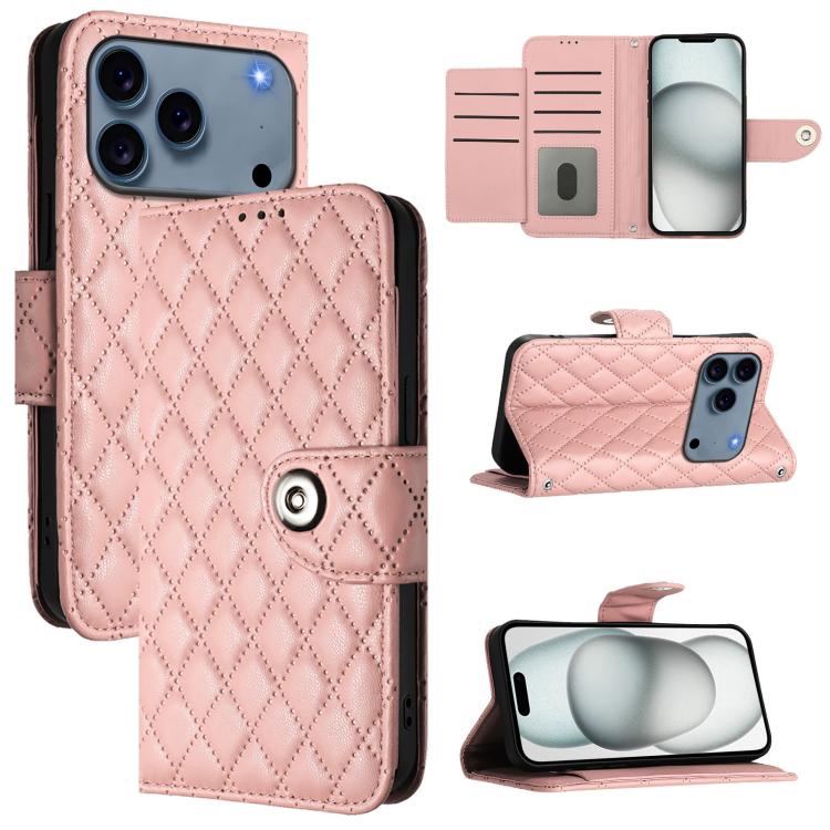 For iPhone 17 Pro Rhombic Texture Flip Leather Phone Case with Lanyard(Coral Pink)