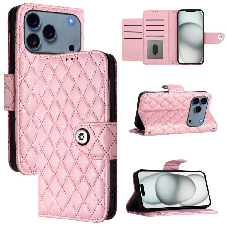 For iPhone 17 Pro Rhombic Texture Flip Leather Phone Case with Lanyard(Pink)