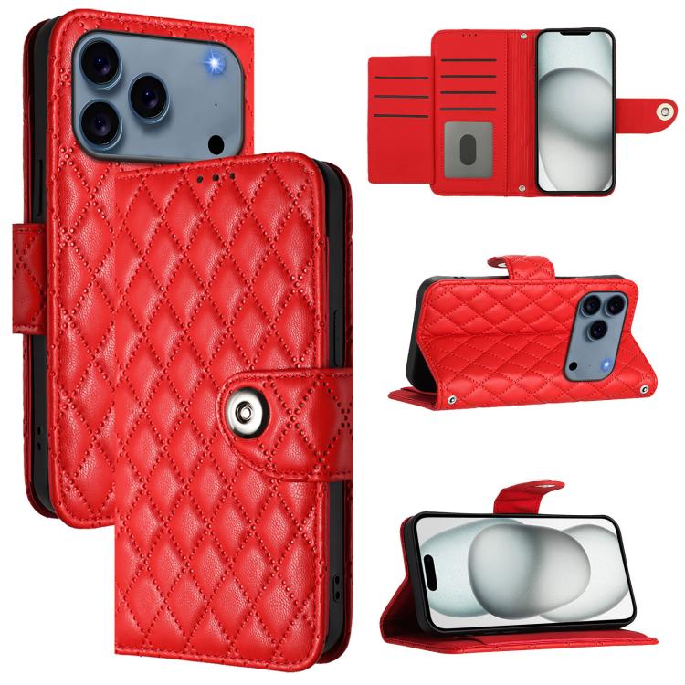 For iPhone 17 Pro Rhombic Texture Flip Leather Phone Case with Lanyard(Red)