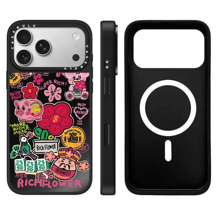 For iPhone 17 Pro Rich Flower Series Pattern Camera Control Button Mirror Magnetic Phone Case(God of Wealth Black)