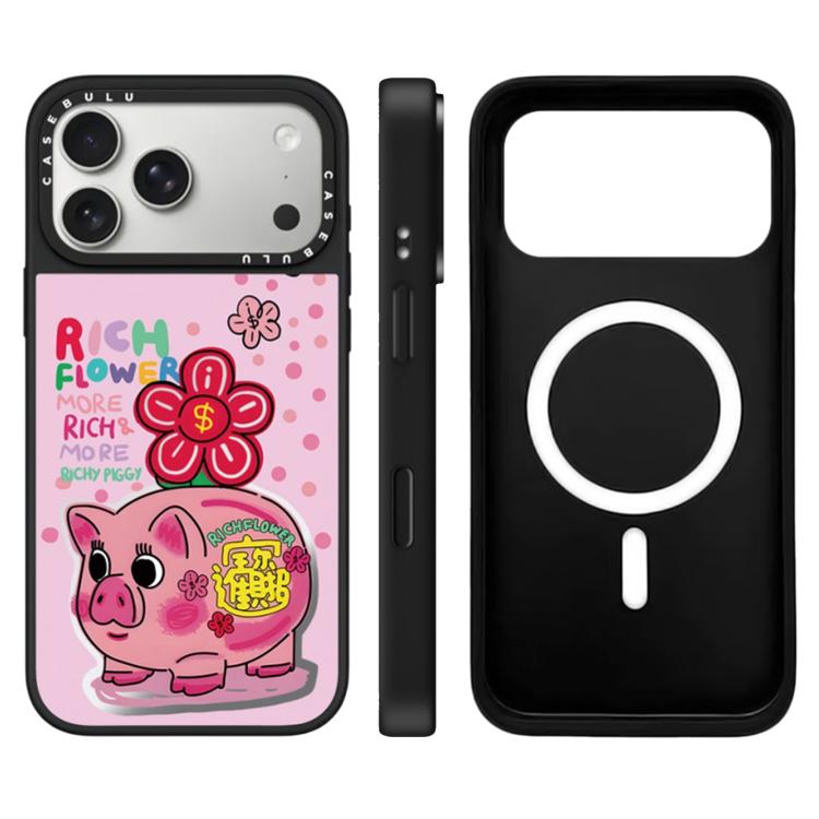 For iPhone 17 Pro Rich Flower Series Pattern Camera Control Button Mirror Magnetic Phone Case(Piggy Bank)