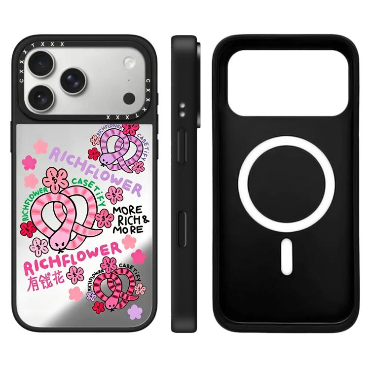 For iPhone 17 Pro Rich Flower Series Pattern Camera Control Button Mirror Magnetic Phone Case(Snake Stripes)