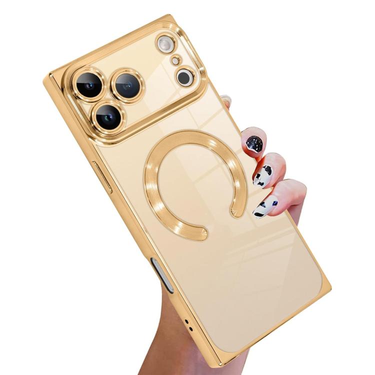 For iPhone 17 Pro Right Angle Square Electroplated CD Pattern TPU MagSafe Phone Case(Gold)