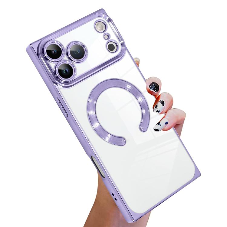 For iPhone 17 Pro Right Angle Square Electroplated CD Pattern TPU MagSafe Phone Case(Light Purple)