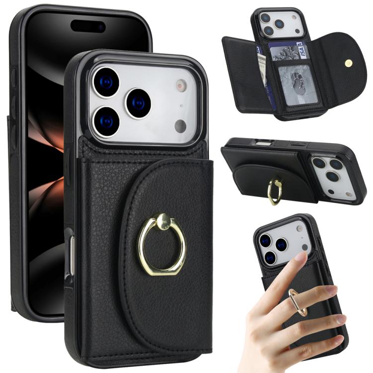 For iPhone 17 Pro Ring Holder Card Bag Skin Feel Phone Case(Black)