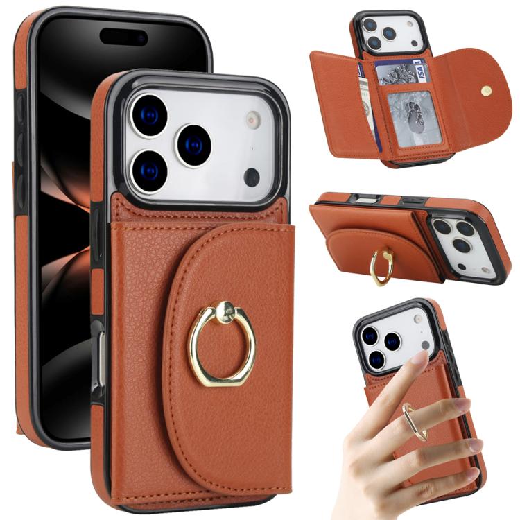 For iPhone 17 Pro Ring Holder Card Bag Skin Feel Phone Case(Brown)