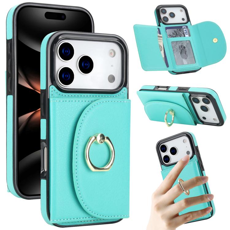 For iPhone 17 Pro Ring Holder Card Bag Skin Feel Phone Case(Green)
