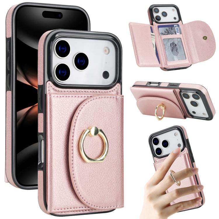 For iPhone 17 Pro Ring Holder Card Bag Skin Feel Phone Case(Rose Gold)