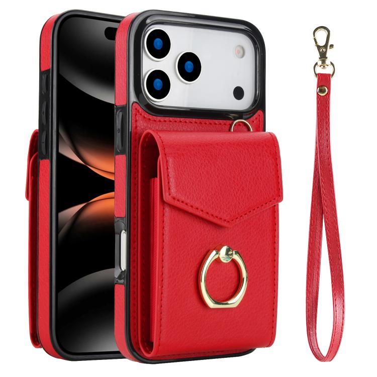 For iPhone 17 Pro Ring Holder RFID Card Slot Phone Case(Red)