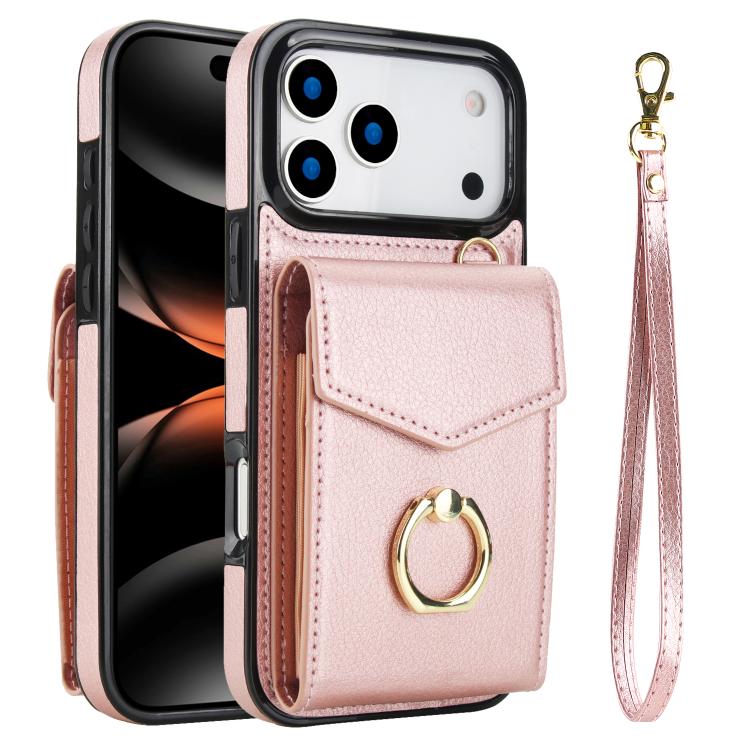 For iPhone 17 Pro Ring Holder RFID Card Slot Phone Case(Rose Gold)