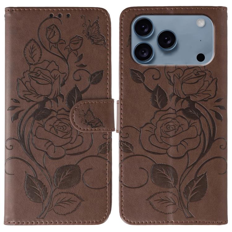 For iPhone 17 Pro Rose Butterfly Embossed Leather Phone Case(Brown)