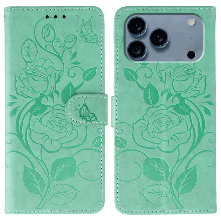 For iPhone 17 Pro Rose Butterfly Embossed Leather Phone Case(Green)