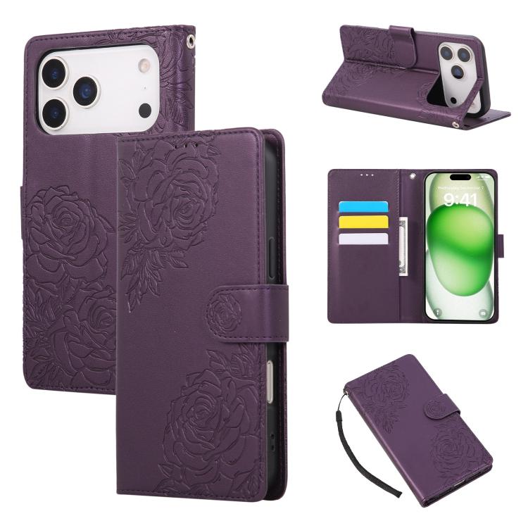 For iPhone 17 Pro Rose Flower Embossed 3-Card Slots Leather Phone Case(Deep Purple)