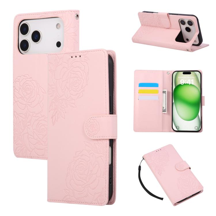 For iPhone 17 Pro Rose Flower Embossed 3-Card Slots Leather Phone Case(Pink)