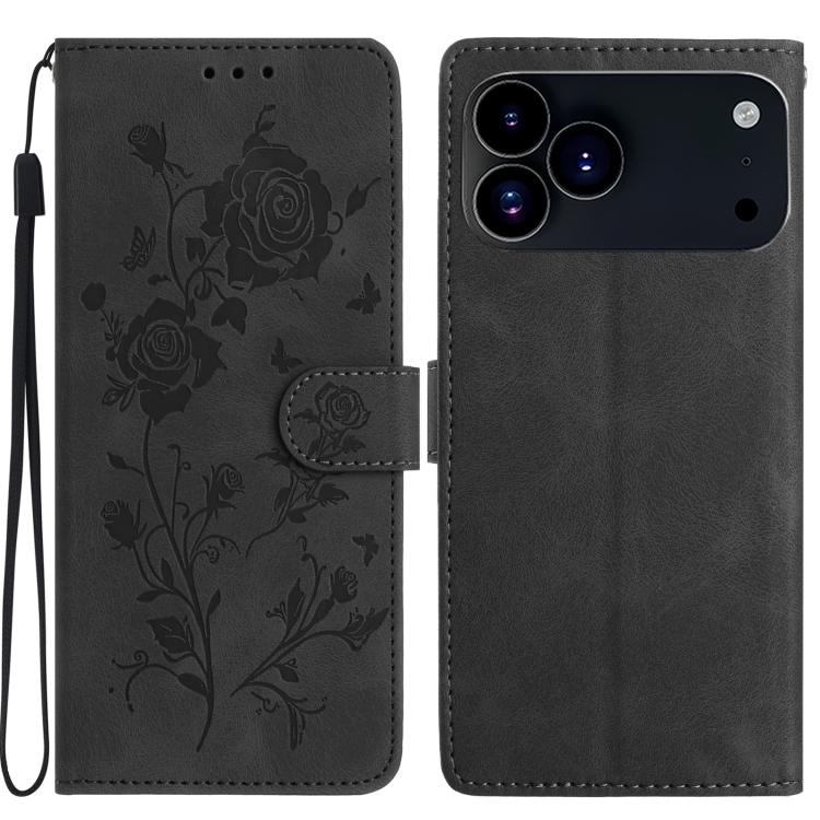 For iPhone 17 Pro Rose Flower Embossing Pattern Leather Phone Case(Black)