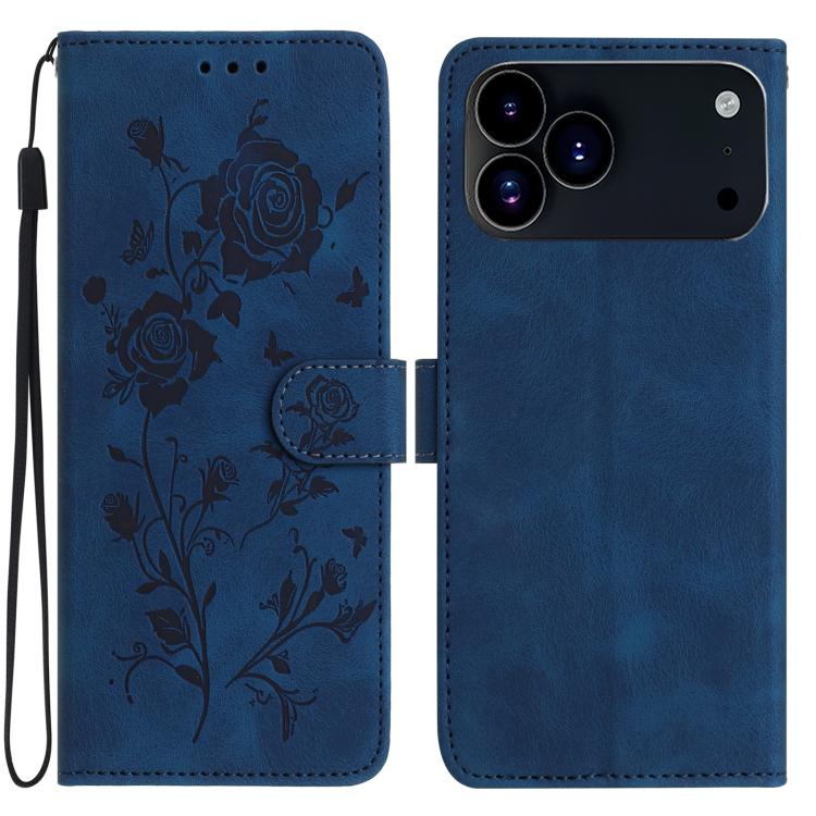 For iPhone 17 Pro Rose Flower Embossing Pattern Leather Phone Case(Dark Blue)