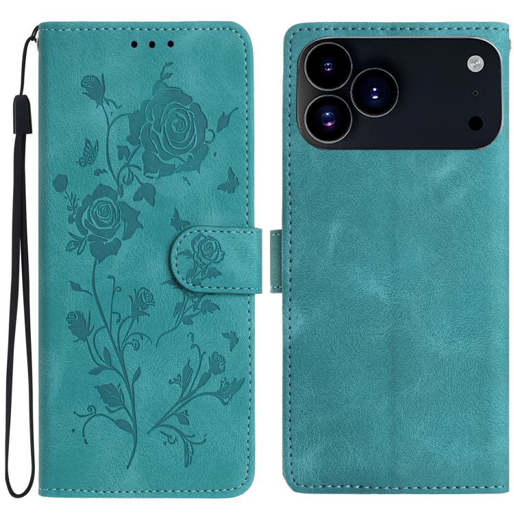 For iPhone 17 Pro Rose Flower Embossing Pattern Leather Phone Case(Green)
