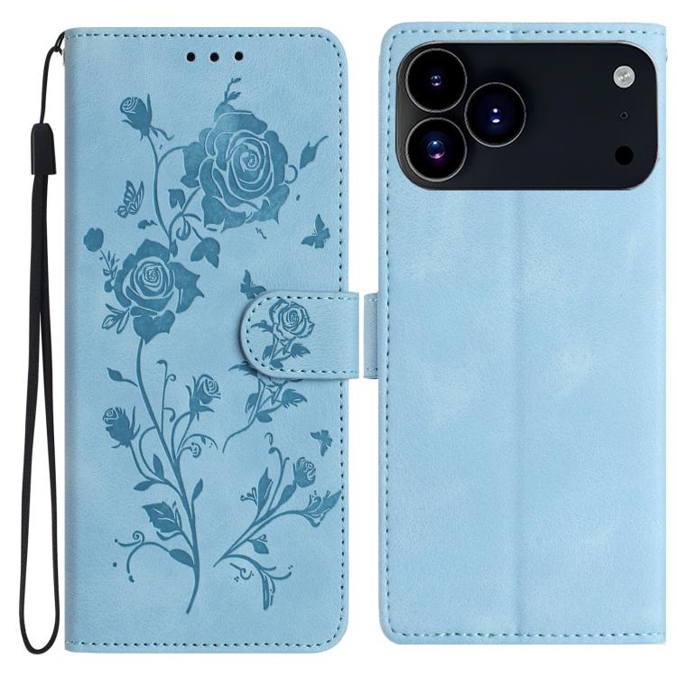 For iPhone 17 Pro Rose Flower Embossing Pattern Leather Phone Case(Sky Blue)