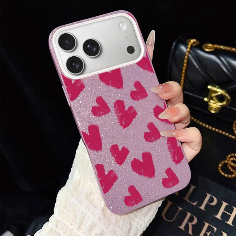 For iPhone 17 Pro Rose Red Hearts Pattern IMD Glitter PC Hybrid TPU Phone Case(Purple)