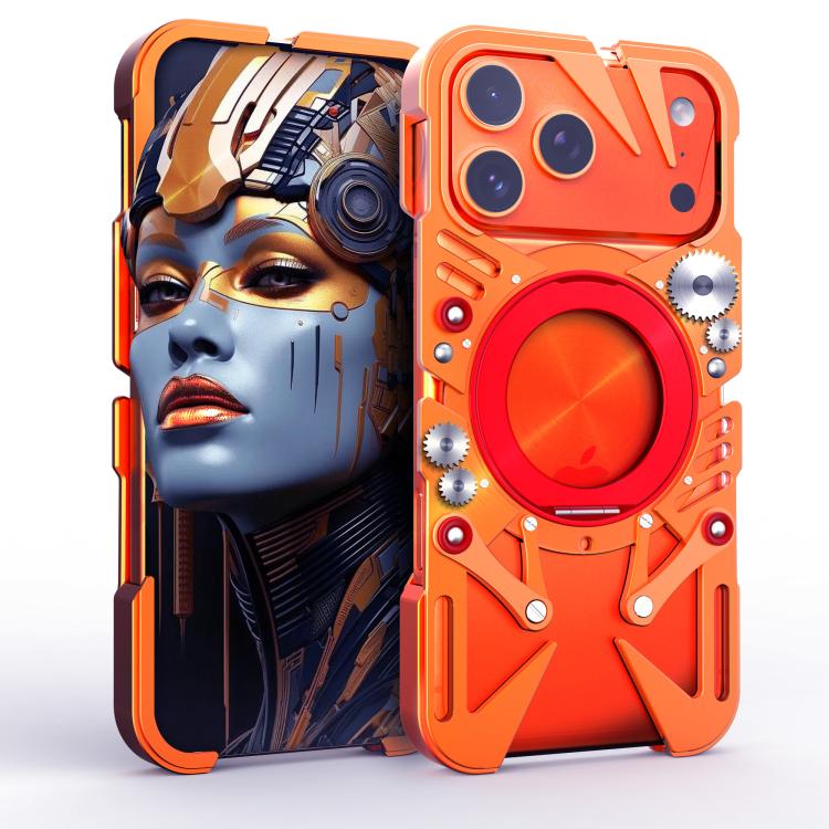 For iPhone 17 Pro Rotating Bracket MagSafe Hollow Metal Phone Case with Lanyard(Orange)
