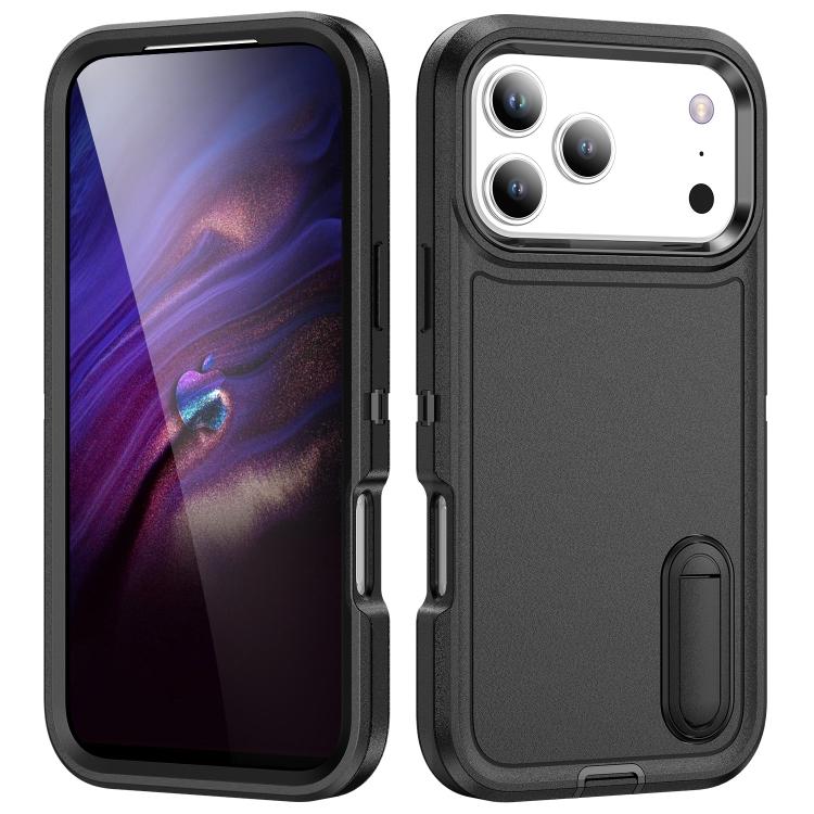 For iPhone 17 Pro Rugged PC + Silicone Phone Case with Holder(Black)