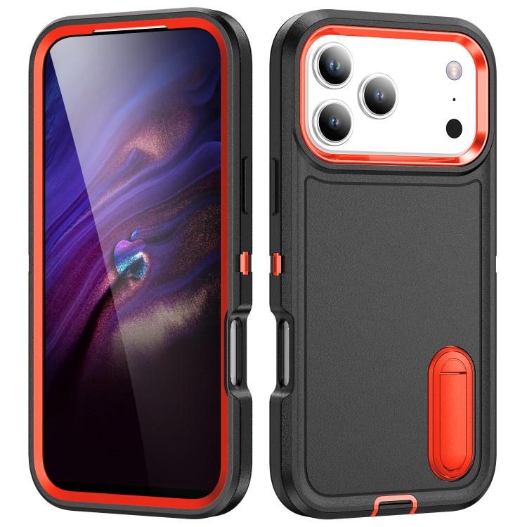 For iPhone 17 Pro Rugged PC + Silicone Phone Case with Holder(Black+Orange)
