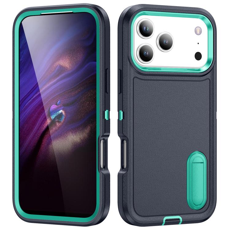 For iPhone 17 Pro Rugged PC + Silicone Phone Case with Holder(Dark Blue+Light Green)