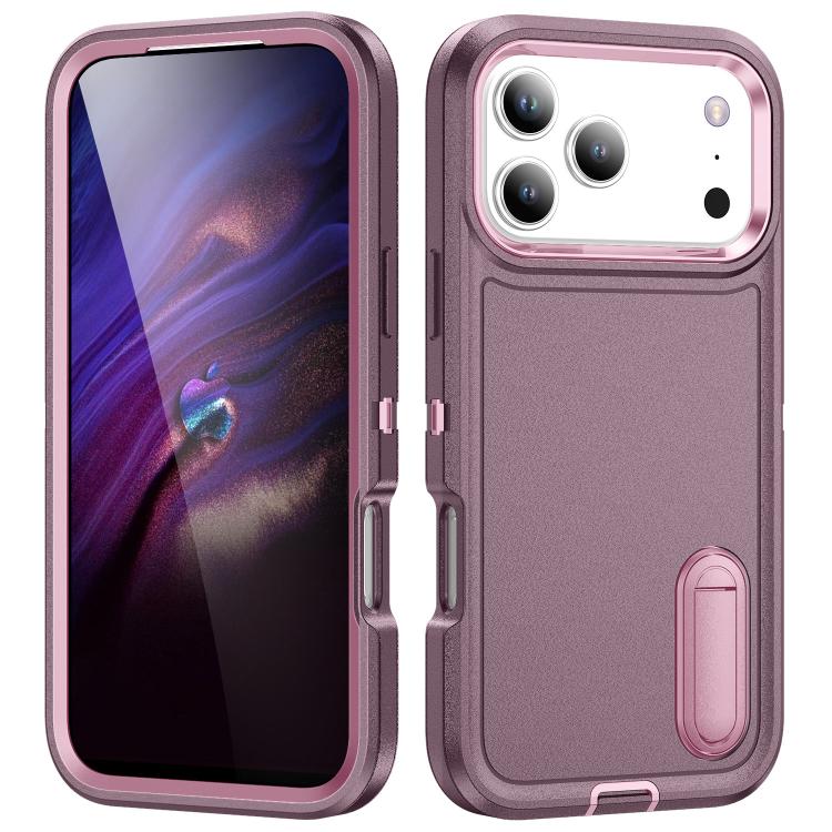 For iPhone 17 Pro Rugged PC + Silicone Phone Case with Holder(Purple+Pink)