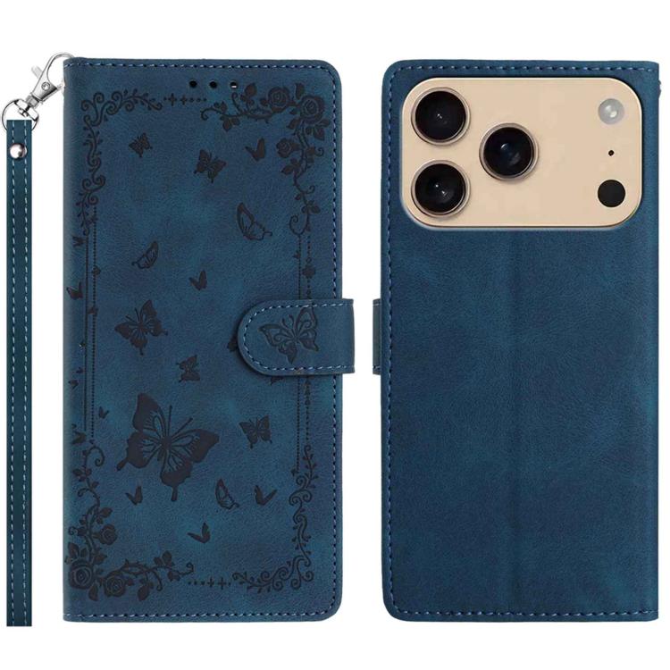 For iPhone 17 Pro Secret Garden Butterfly Pattern Leather Phone Case(Dark Blue)