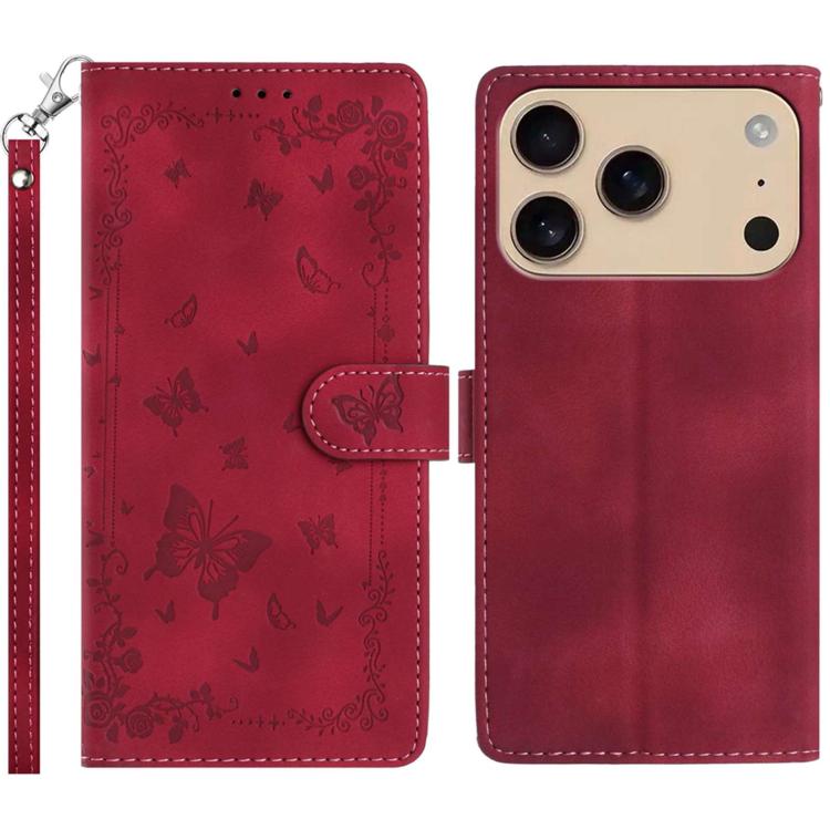 For iPhone 17 Pro Secret Garden Butterfly Pattern Leather Phone Case(Red)