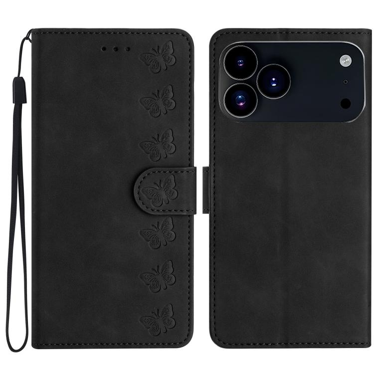 For iPhone 17 Pro Seven Butterflies Embossed Leather Phone Case(Black)