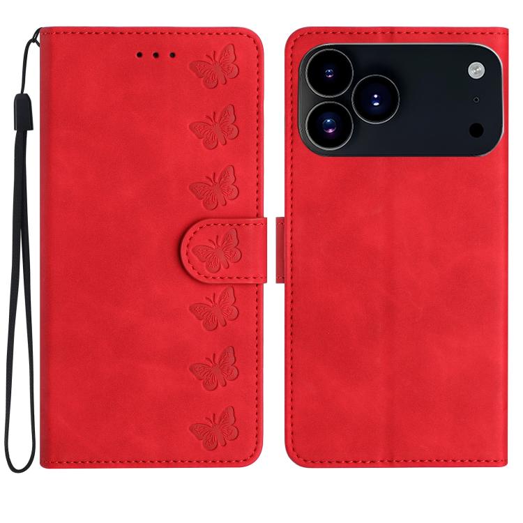 For iPhone 17 Pro Seven Butterflies Embossed Leather Phone Case(Red)
