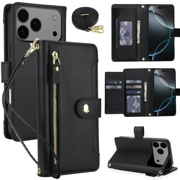 For iPhone 17 Pro Seven Card Slots Zipper Wallet Leather Phone Case with Lanyard(Black)